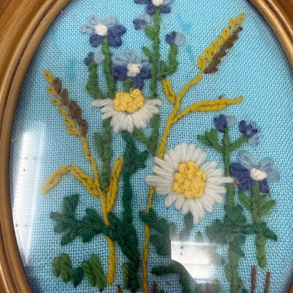 Vintage Hand Embroidered Floral Crewel Art Oval Gold Frame Blue Wildflowers 8.5